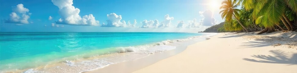 Obraz premium Sun-kissed sand, turquoise water lapping gently at the shore, a postcard-perfect tropical beach scene ideal for travel brochures and websites promoting idyllic getaways , peaceful, sea, relaxing