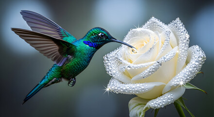 Obraz premium Hummingbird feeding from white rose, vibrant macro wildlife photography with bokeh background
