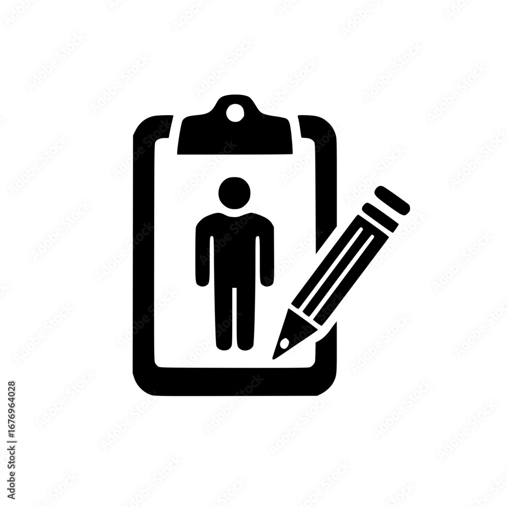 Poster person icon and pencil inside clipboard symbol representing editable profile and task input concept