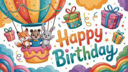 Naklejka premium Happy birthday hot air balloon with fox, bear, and rabbit friends celebration