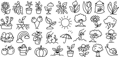 Hand drawn gardening and nature doodle icon set, plants, flowers, trees, vegetables, sun, watering can, eco farming illustration isolated on white background