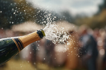 Champagne bottle explosion. Celebratory toast Splashing liquid, a symbol of success, joy, and special events. Captures a festive mood, perfect for party themes and milestones.