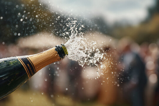 Champagne bottle explosion. Celebratory toast Splashing liquid, a symbol of success, joy, and special events. Captures a festive mood, perfect for party themes and milestones.