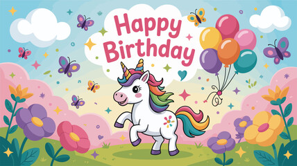 Naklejka premium Happy Birthday unicorn with balloons, butterflies, and flowers celebration
