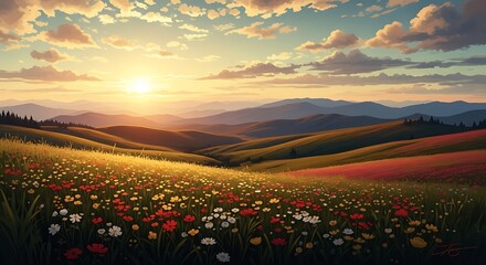 Fototapeta premium Sunrise Over Rolling Hills and Wildflowers.