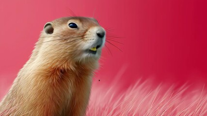 Close-up sequence of a prairie dog displaying curiosity and alertness, showcasing its expressive features and soft fur against a vibrant red background, capturing the essence of wildlife in motion