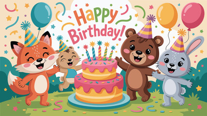 Obraz premium Happy Birthday with animals and a two-tier cake celebration party