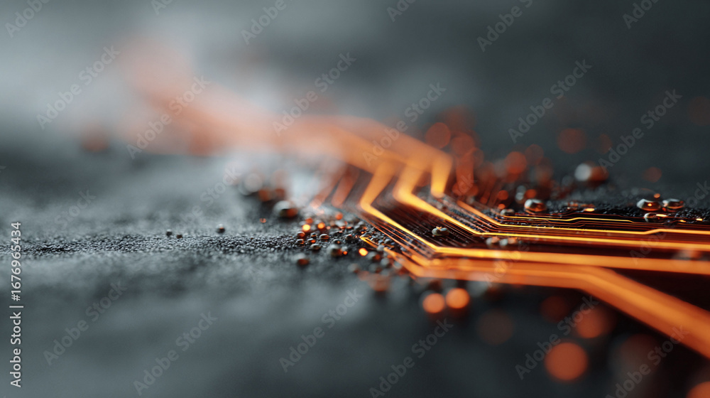 Poster abstract closeup of glowing orange circuit paths on a dark, textured surface. evokes concepts of tec