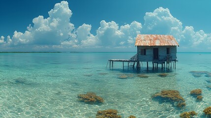 Rustic overwater bungalow on tranquil turquoise sea under a vibrant sky.