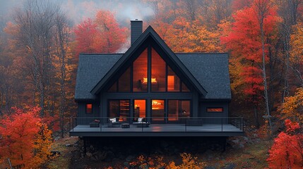 Cozy A-frame cabin nestled in vibrant autumn forest.