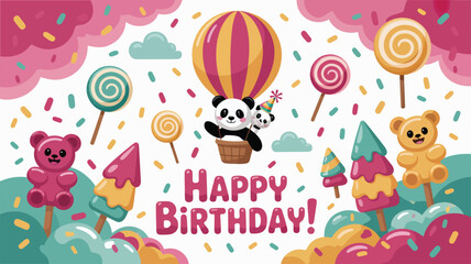 Fototapeta premium Happy birthday with pandas, bears, and lollipops in a candy land celebration