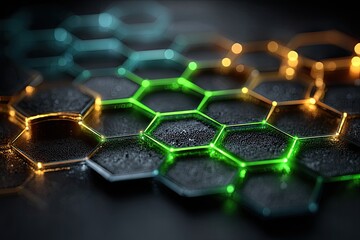 Hexagonal grid, glowing neon light, dark surface, futuristic background