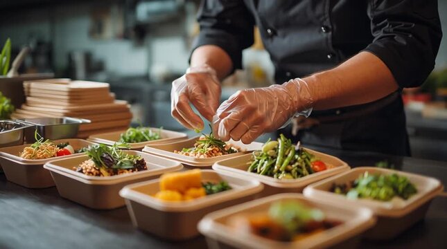 Chef preparing healthy meal containers with fresh ingredients in a modern kitchen, takeaway food containers	