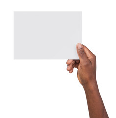 Man holding a blank rectangular piece of white paper isolated on white or transparent background