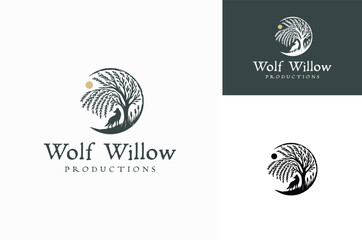 Silhouette of Wolf on the grass with lush willow tree under the moonlight, forest wildlife night full moon serenity illustration logo design © Enola99d