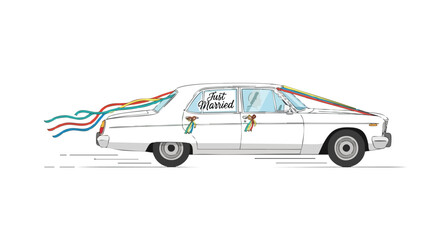 Newlyweds' getaway car adorned with ribbons, signifying joy and the start of their journey together showing the happiness of the couple