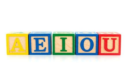 A row of five colorful wooden blocks displaying the vowels a e i o u on a white background surface