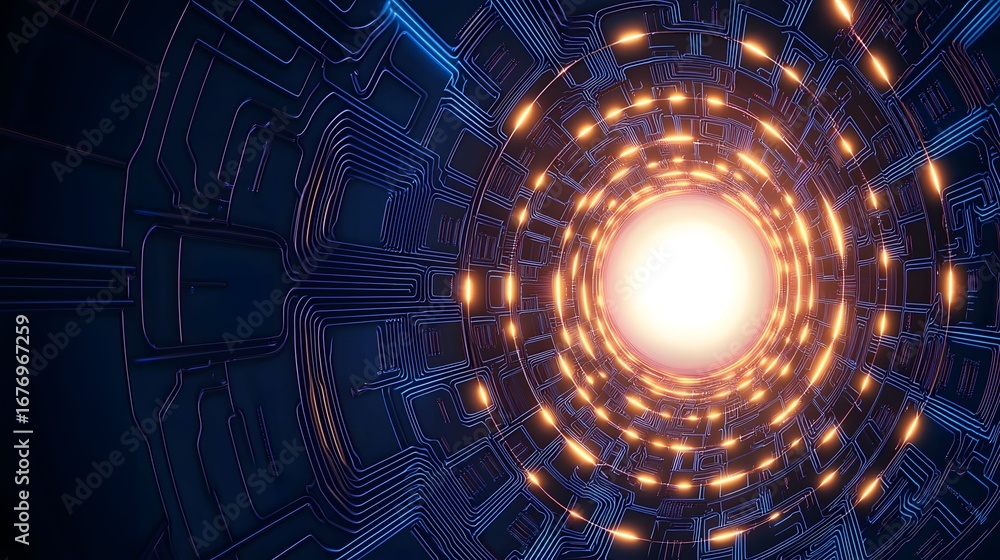 Poster this image shows a complex, circular tunnel with intricate blue lines forming a futuristic circuit o