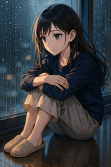 Anime Girl Sitting by Rainy Window in Thoughtful Mood