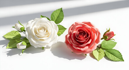 Fototapeta premium Pair of Paper Roses — White and Coral Handmade Floral Paper Flowers with Green Leaves on White Background