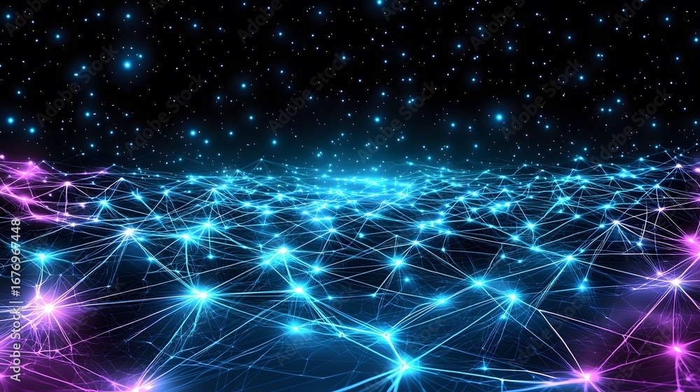 Poster the image displays a network of interconnected glowing lines spanning a dark landscape with star-lik