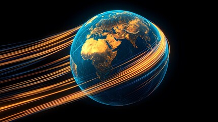 The image depicts a vibrant, digitized Earth enveloped in glowing orange streaks, set against a stark black background, symbolizing global connectivity and technology.