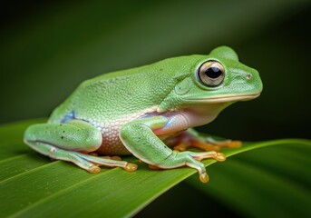 Obraz premium Exotic tree frog resting on a vibrant green leaf in its natural habitat