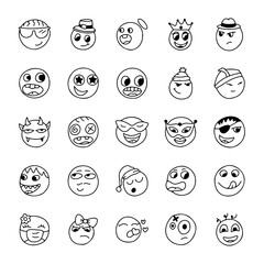 Hand drawn emoji set, funny doodle emoticons, cartoon faces with different expressions, sketch style smiley icons collection, outline black and white vector illustration pack