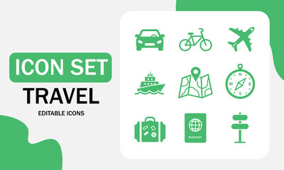 Travel icon set, Red color icons, Vacations and holiday symbol vector illustration, Collection of traveling and tourism elements, Editable icons
