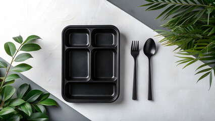 Black Four-Compartment Bento Box Mockup with Utensils on Textured Background