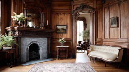 Old world charm in a Victorian style room with fireplace