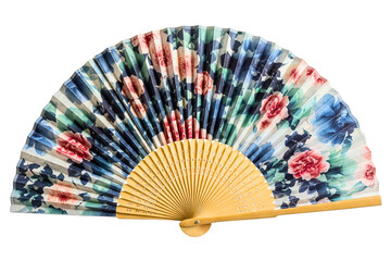 Traditional wooden hand fan with a colorful flower design isolated on a transparent background