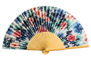 Traditional wooden hand fan with a colorful flower design isolated on a transparent background