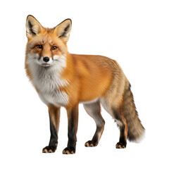 Fototapeta premium A red fox is depicted standing isolated against a pure white background.