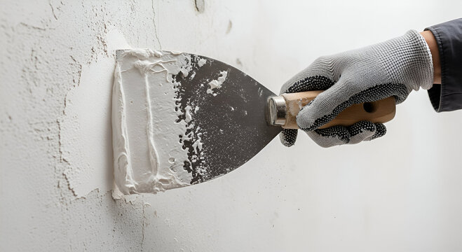 A gloved hand skillfully applies plaster to a wall using a putty knife.