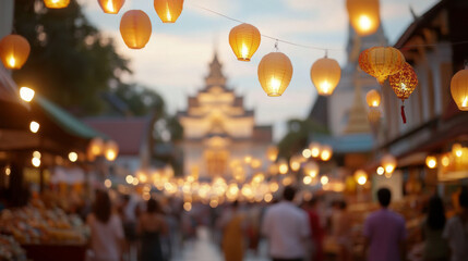 Lantern festival Yi Peng with blurred temple and crowd at twilight, background