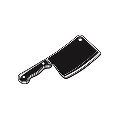 Meat Cleaver Icon: A black and white vector illustration of a meat cleaver with a sturdy blade and wooden handle, isolated.