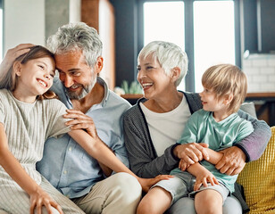 Portrait of grandparents and grandchildren having fun together at home