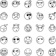 Hand drawn emoji set, doodle emoticons, cartoon smiley faces, black and white line art, cute expression icons, vector illustration, funny character emotions pack