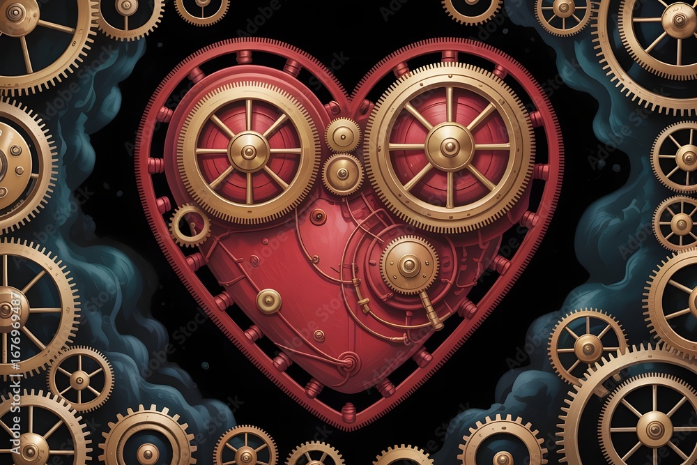 Poster intricate steampunk heart design featuring gears and clockwork mechanisms surrounded by a circular a