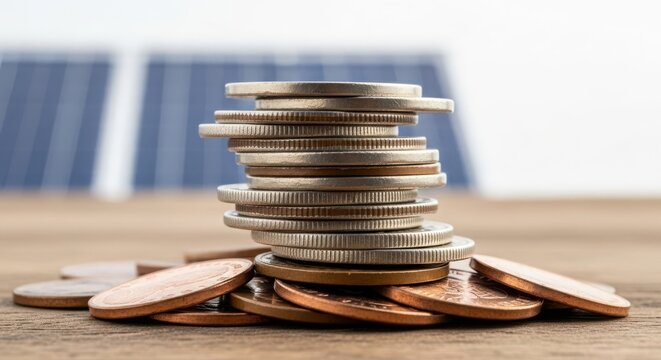 A stack of coins and loose change on a wooden surface with solar panels blurred in the background, symbolizing renewable energy investment and financial growth