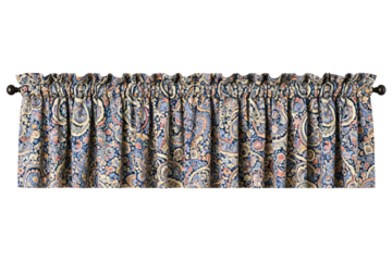 Vintage style ruffled window valance with a blue paisley pattern isolated on a transparent background