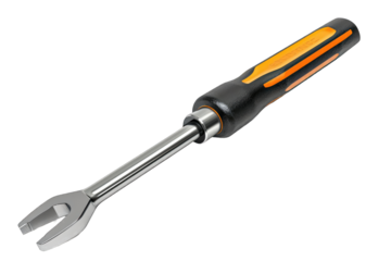 A wrench with an orange and black handle