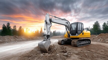 Obraz premium Excavator working on construction site at sunset in a forested area