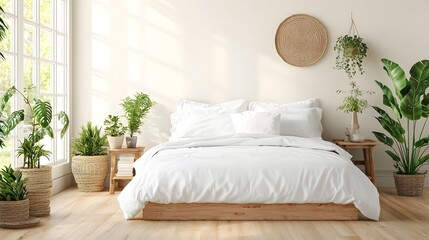 Fototapeta premium Serene and inviting bedroom with a minimalist design lush greenery and natural textures for a calming spa like atmosphere