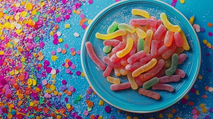 plate of colorful gummy worms and sour candies, coated in sugar crystals, with a playful backdrop of vibrant confetti