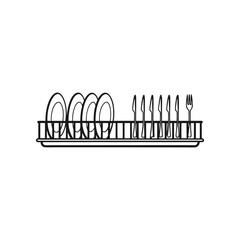 Dish Rack Arrangement: A minimalist monochrome illustration showcases an orderly array of plates and cutlery in a dish rack. The clean design speaks to kitchen organization and domestic order.
