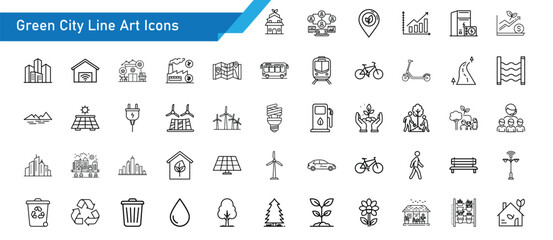 Green City Line Art Icons – 50 Eco - Friendly Vector Icons of Sustainable Living, Renewable Energy, and Smart City Design