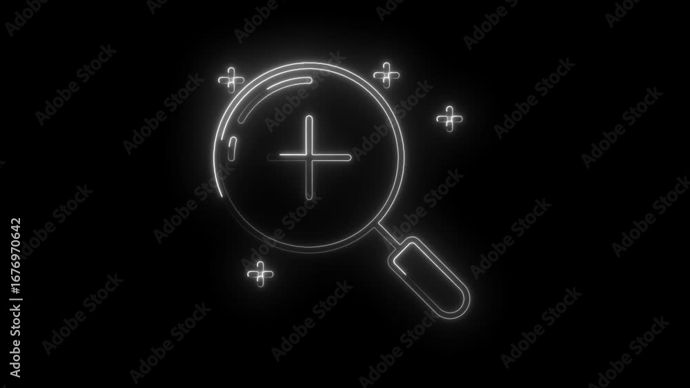 Poster Neon magnifying glass animation with plus sign symbolizing zooming in on a black background