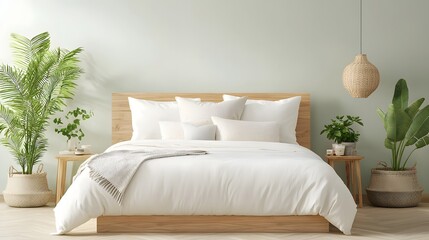 A serene and calming bedroom interior featuring a neutral toned mattress and bedding on a light wood floor complemented by lush greenery and natural accents for a harmonious minimalist aesthetic